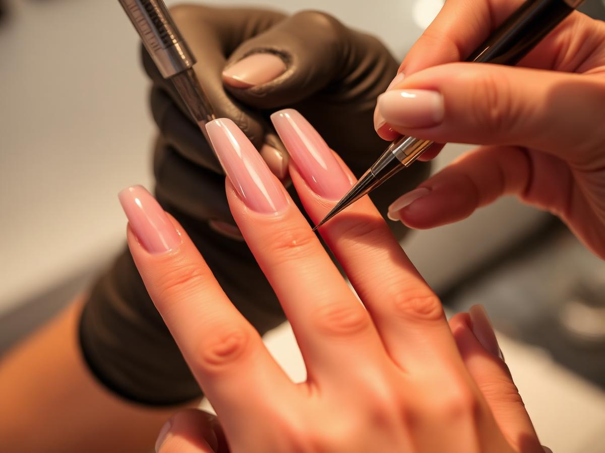 Nail artist sculpting acrylic nail extensions