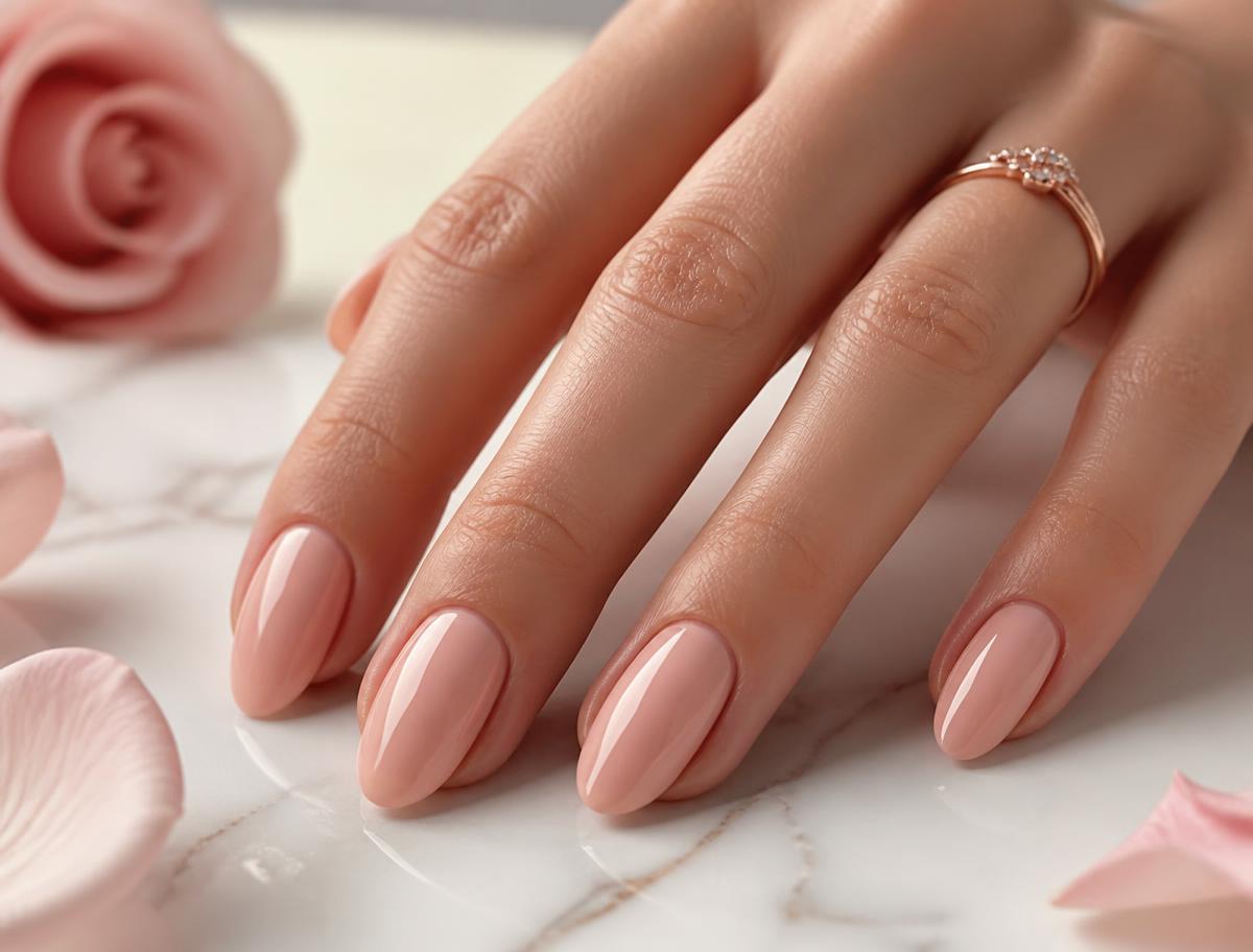 Elegant manicured hand with glossy nude nails