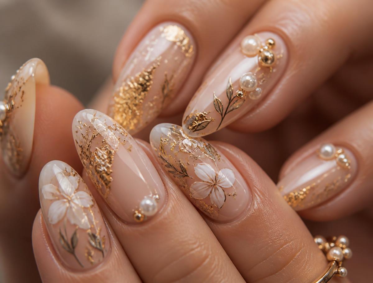 Intricate nail art with gold foil and pearl accents